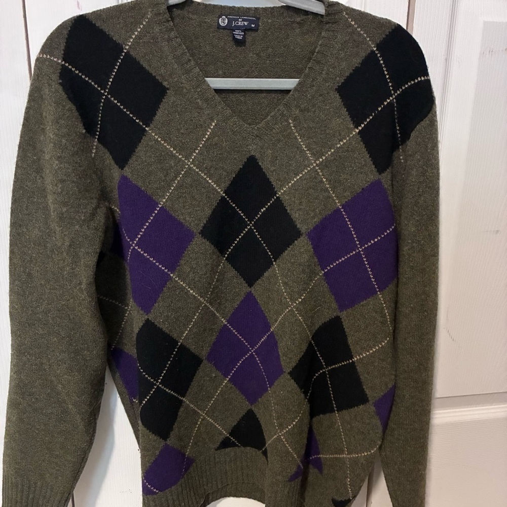 J. Crew Men’s V-Neck Wool Argyle Sweater - Olive and Purple